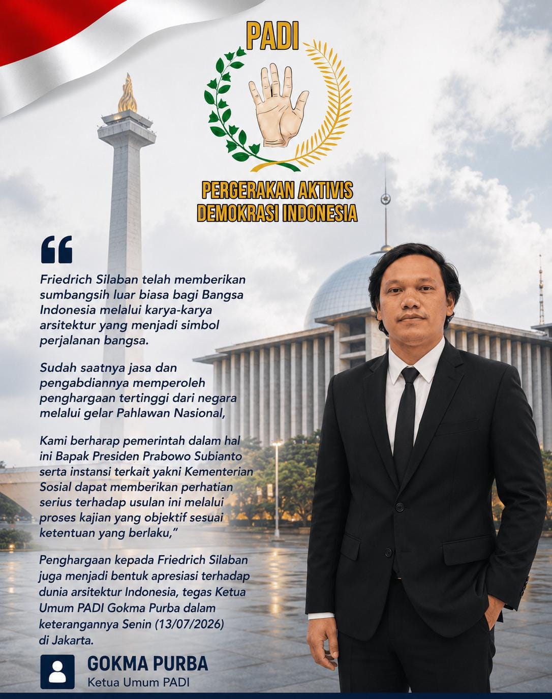 PADI Apresiasi Tokoh Sumut Dr. Eriko Silaban Usulkan Arsitek Legendaris FriedrichSilaban Sebagai Pahlawan Nasional
